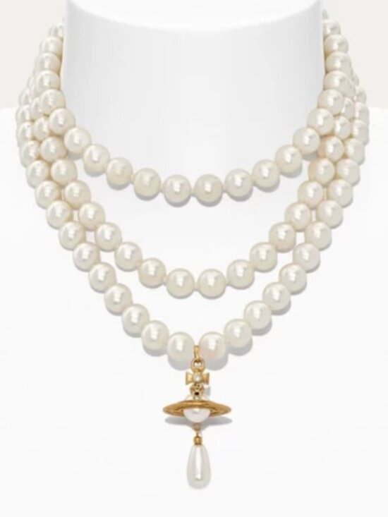 Vivienne Westwood Jewelry - AUTH-Vivienne Westwood | Three Row Pearl Drop Chocker Gold-tone